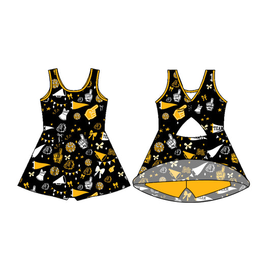 Preorder (moq 5)Baby Girls Sleeveless Black Dog Bows Shorts Team Dresses