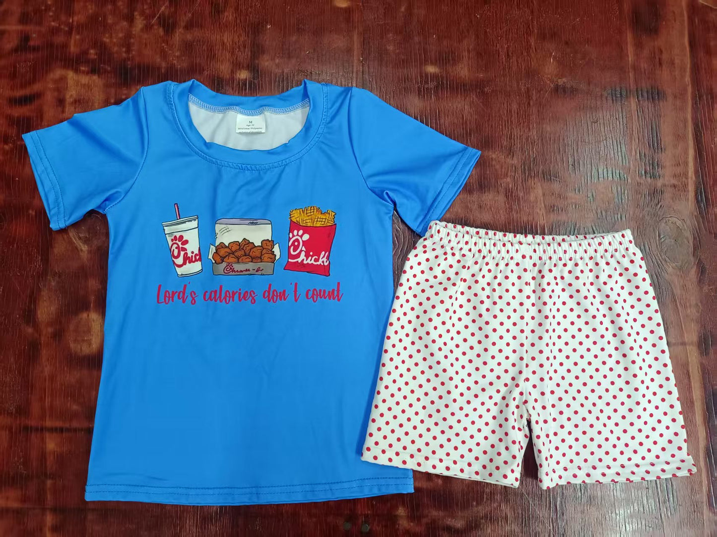 Preorder moq 5 Baby Boys Blue Short Sleeves Chip Chicken Top Polka Dots Short Set