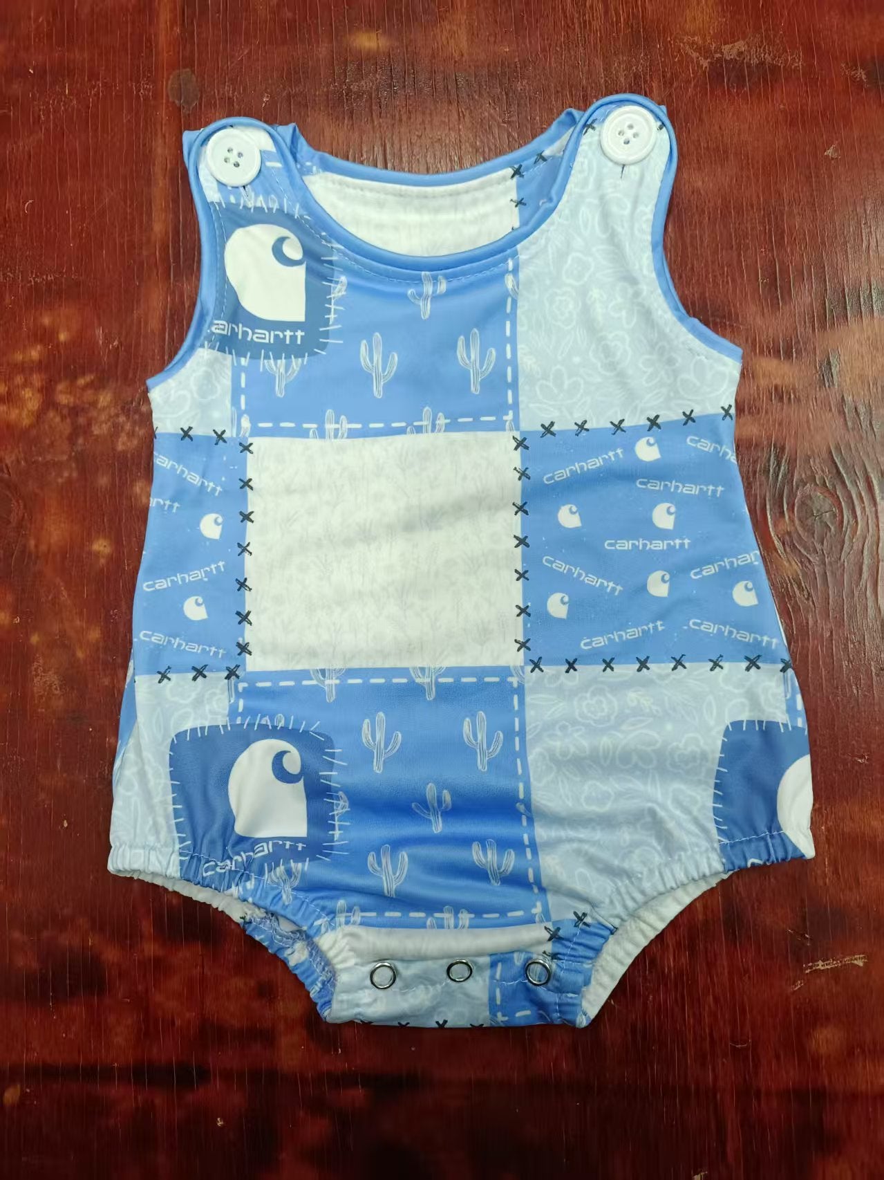 Preorder moq 5 Baby Boys Sleeveless Blue Plaid Cactus Floral Rompers