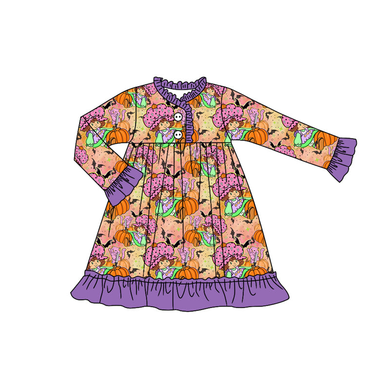 Preorder (moq 5)Baby Girls Strawberry Girl Pumpkins Purple Button Halloween Knee Length Dress