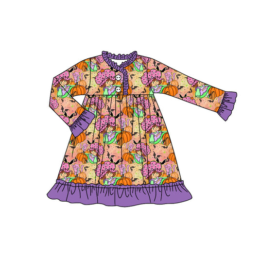 Preorder (moq 5)Baby Girls Strawberry Girl Pumpkins Purple Button Halloween Knee Length Dress
