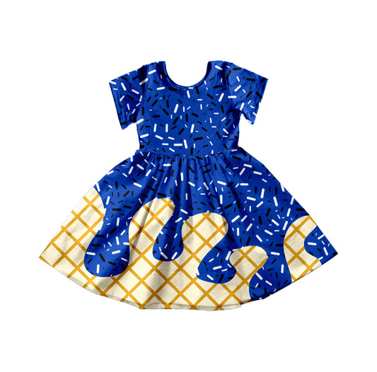 Preorder moq 5 Baby Girls Blue Ice Cream Drips Sprinkles Knee Length Dresses