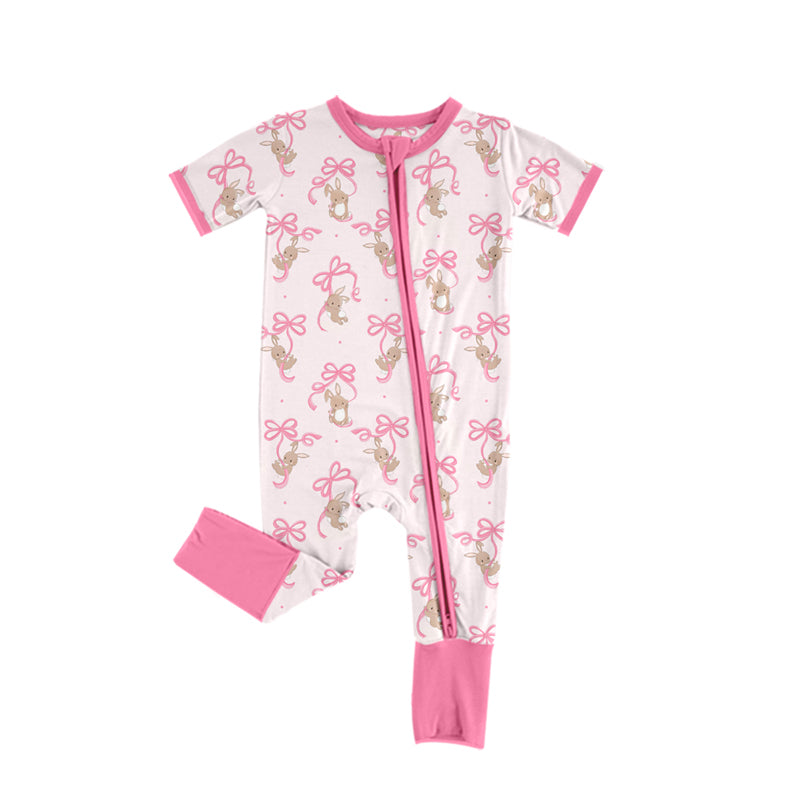 Preorder(moq 5)Baby Infant Girls Easter Bows Rabbits Zip Sleepers Rompers