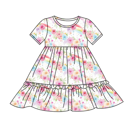 Preorder (moq 5)Baby Girls Rainbow Colorful Flowers Knee Length Dresses