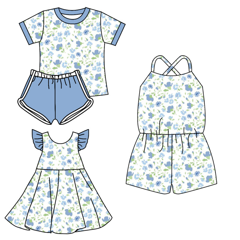Preorder moq 5 Custom Baby Girls Blue Short Sleeves Flowers Top Short Set Knee Length Dress Jumpsuits