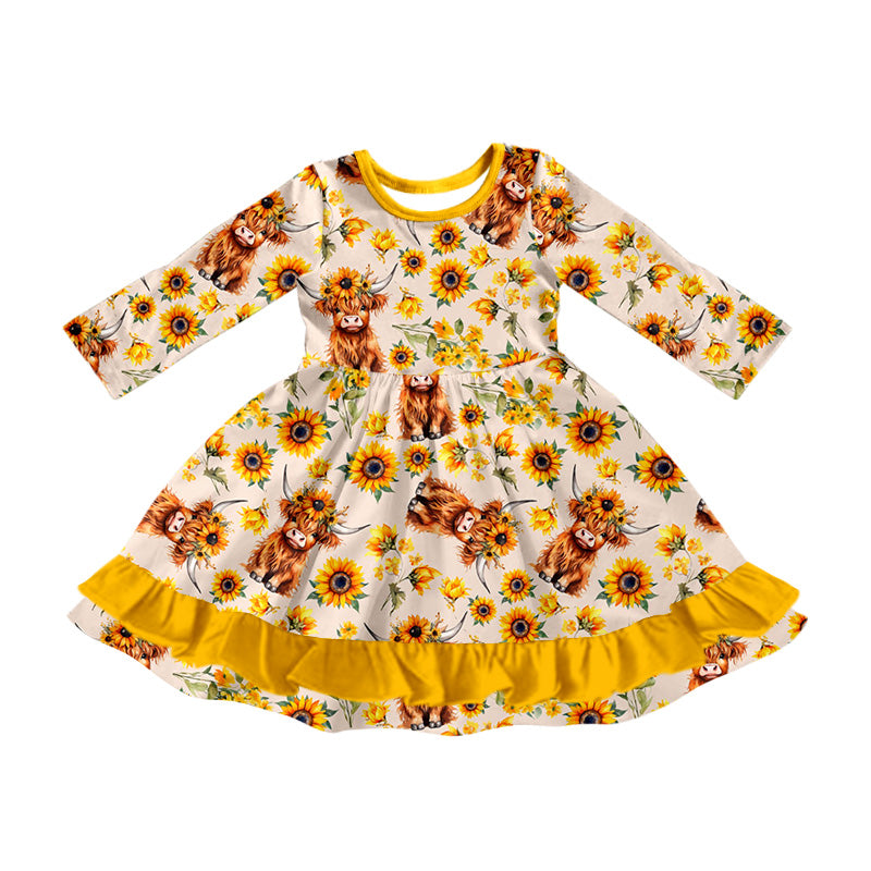 Baby Girls Western Highland Cows Ruffle Knee Length Dresses preorder(MOQ 5)