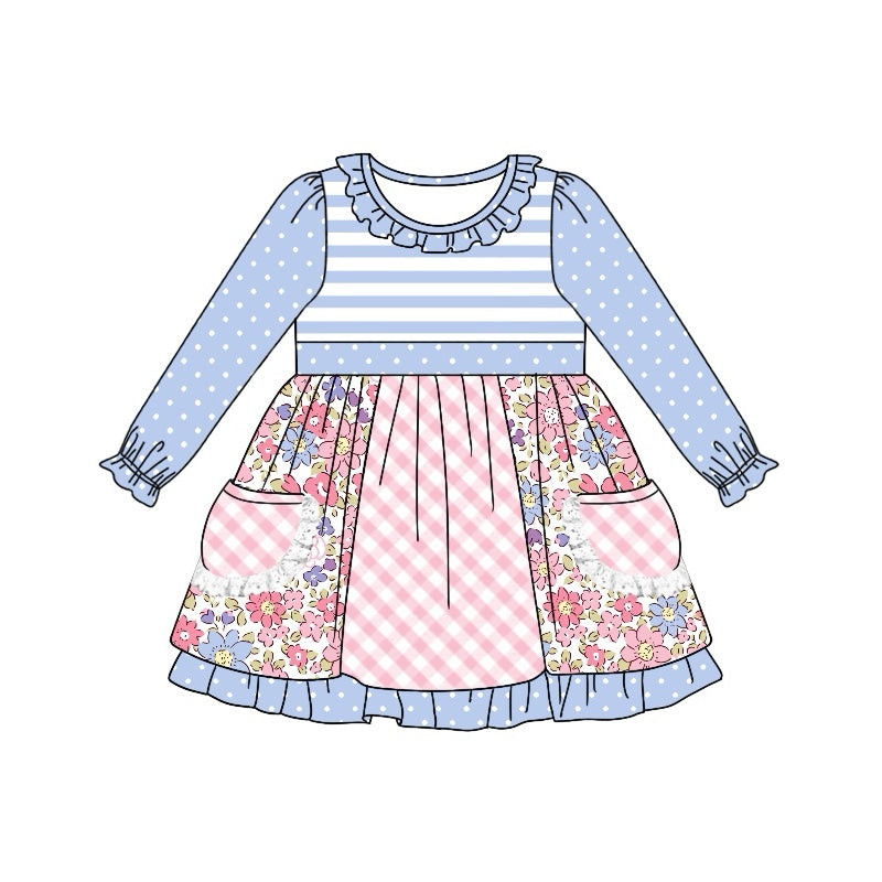 Baby Girls Stripes Flowers Pockets Knee Length Dresses preorder(MOQ 5)