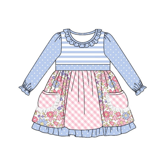 Baby Girls Stripes Flowers Pockets Knee Length Dresses preorder(MOQ 5)