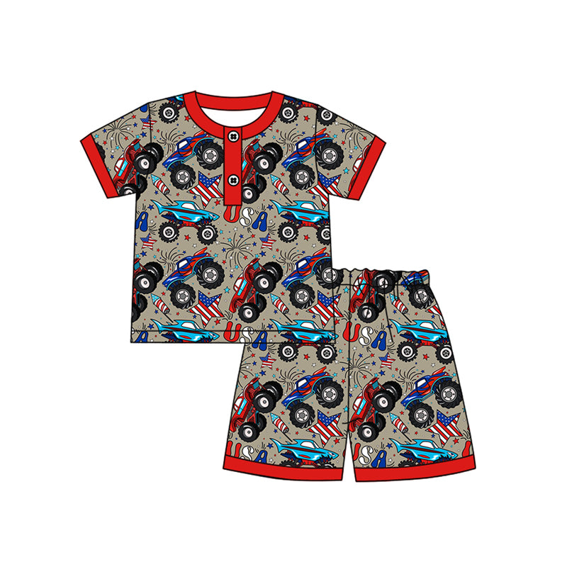 Preorder moq 5 Baby Boys Short Sleeves Stars Firework Button Top Shorts 4th Of July Pajamas Set