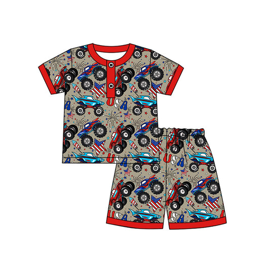 Preorder moq 5 Baby Boys Short Sleeves Stars Firework Button Top Shorts 4th Of July Pajamas Set