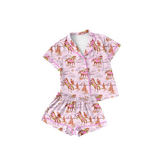 Baby Girls Kids Pink Western Horse Rodeo Top Shorts Pajamas Sets preorder(MOQ 5)