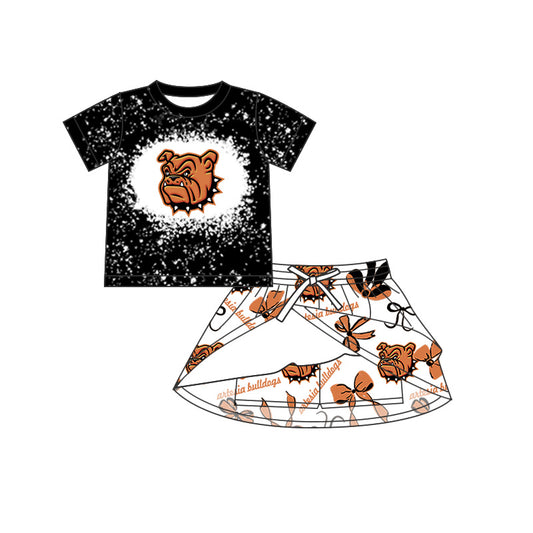 Preorder moq 5 Baby Girls Black Orange Dog Top Bows Plaid Skorts Team Sets