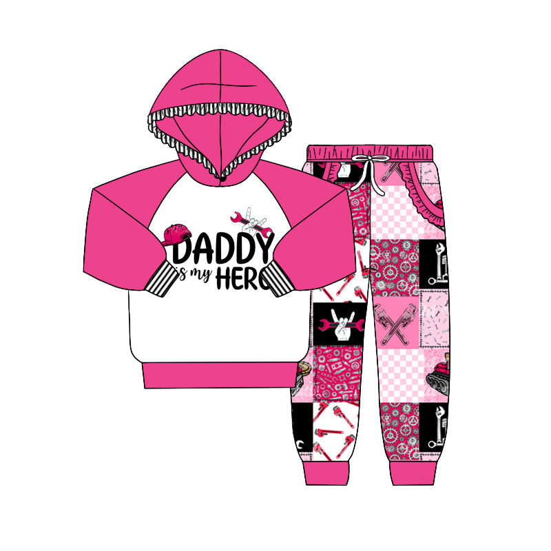 Baby Girls Pink Daddy Hearo Hooded Top Pants Clothes Sets Preorder(moq 5)