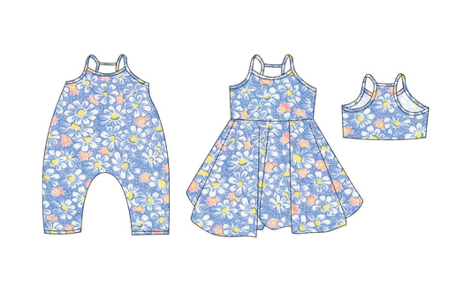 Preorder moq 5 Custom Baby Girls Blue Strap Floral Knee Length Dresses Rompers