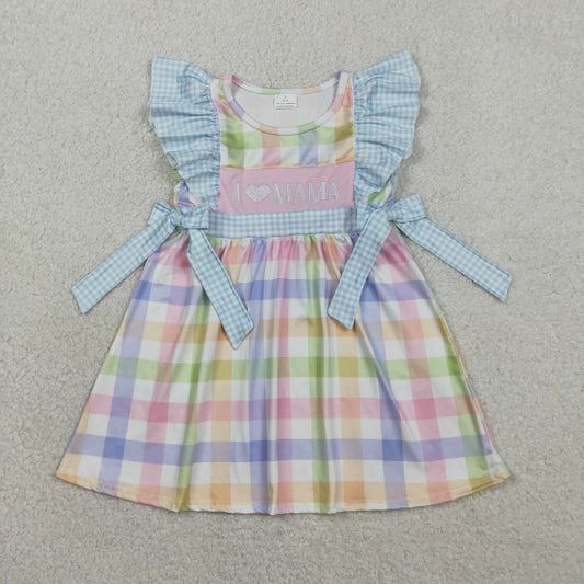 Embroidery I Love Mama Baby Girls Colorful Checked Knee Length Dress