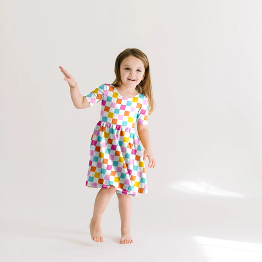 Preorder (moq 5)Baby Girls Colorful Checkered Knee Length Dresses