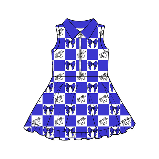 Preorder (moq 5)Baby Girls Blue Bows Mules Checked Zipper Short Team Knee Length Dresses