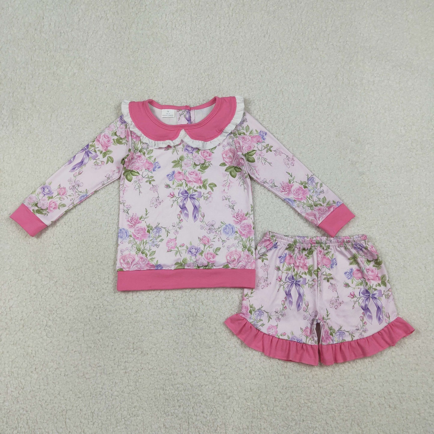 Baby Girls Pink Flowers Collar Top Ruffle Shorts Clothes Sets