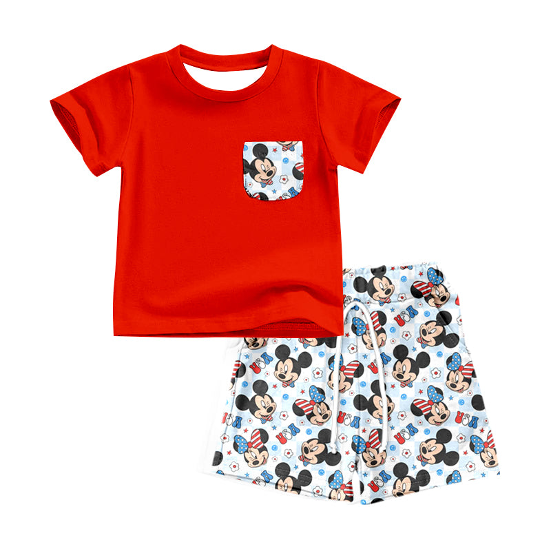 Baby Boys 4th Of July Red Pockets Shirt Cartoon Shorts Sets preorder (moq 5)