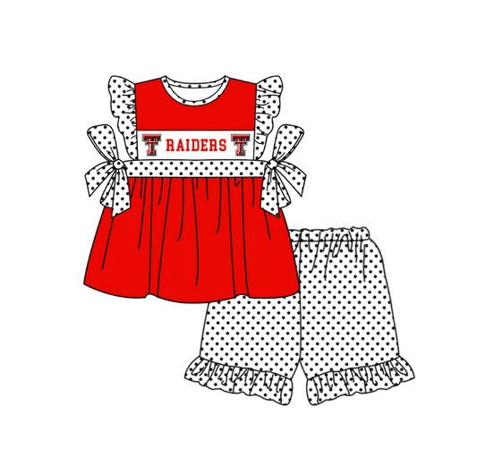 Preorder (moq 5)Baby Girls Flutter Sleeve Raiders Tunic Polka Dots Ruffle Short Team Clothes Sets
