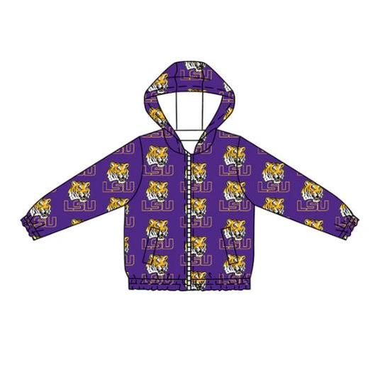 Preorder (moq 5)Baby Boys Purple Long Sleeves Tiger LSU Plaid Hoodies Cardigan Jackets Top