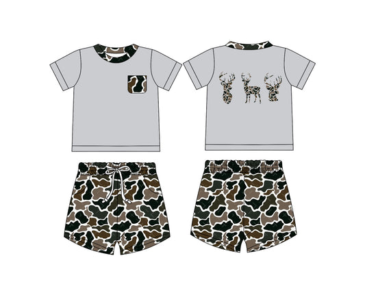 Preorder (moq 5)Baby Boys Deer Season Top Brown Camo Shorts Clothes Sets