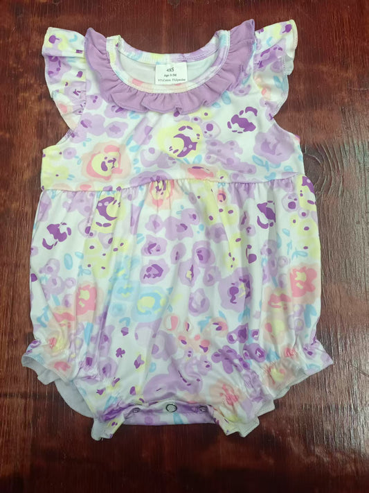 Preorder moq 5 Baby Girls Flutter Sleeves Lavender Floral Ruffle Rompers