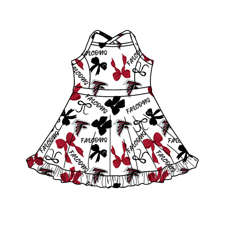 Preorder (moq 5)Baby Girls Strap Bows Falcons Team Short Ruffle Knee Length Dress