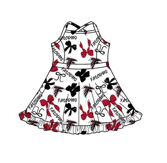 Preorder (moq 5)Baby Girls Strap Bows Falcons Team Short Ruffle Knee Length Dress