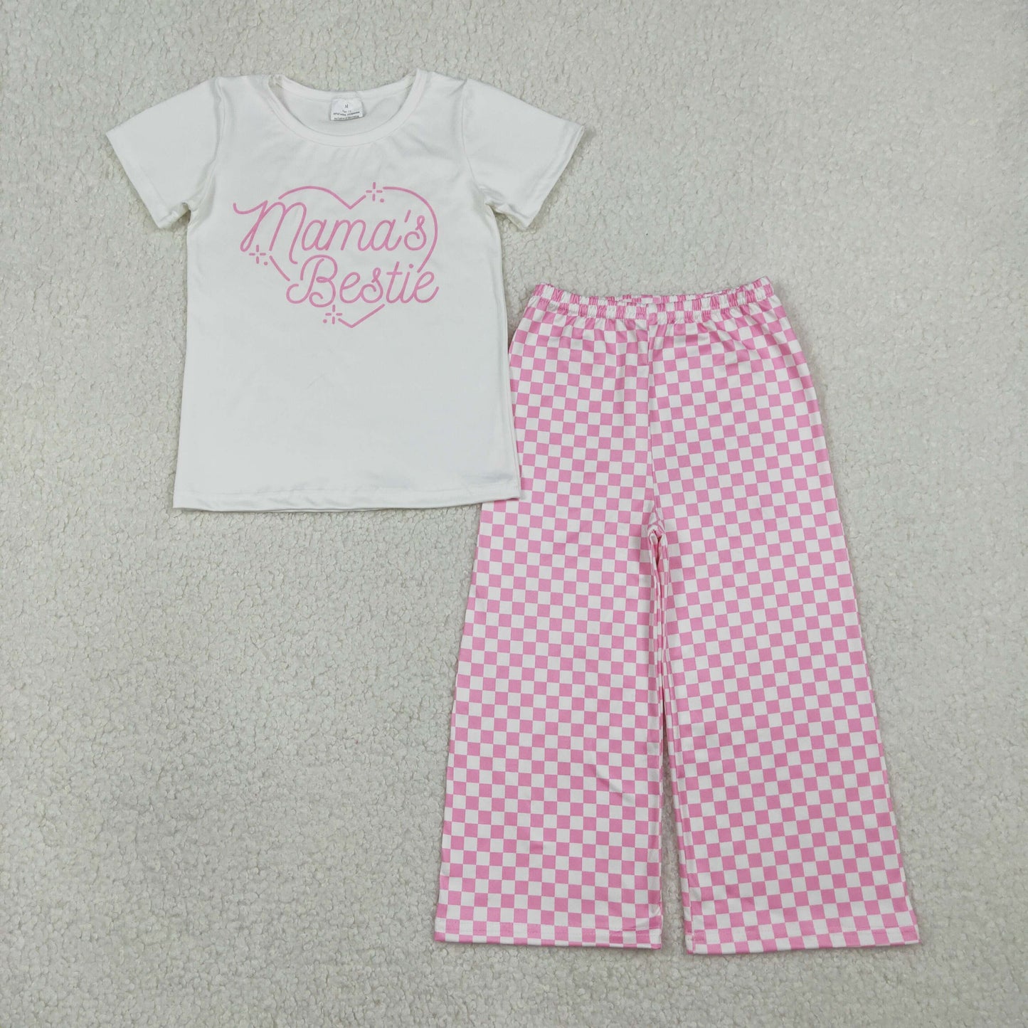 Baby Girls Mama's Bestie Heart Top Pink Checked Flare Pants Clothes Sets