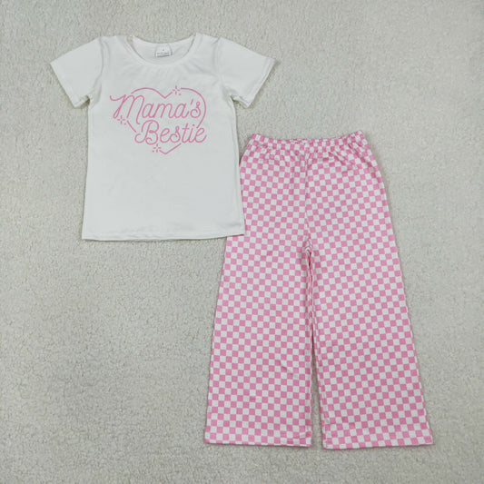 Baby Girls Mama's Bestie Heart Top Pink Checked Flare Pants Clothes Sets
