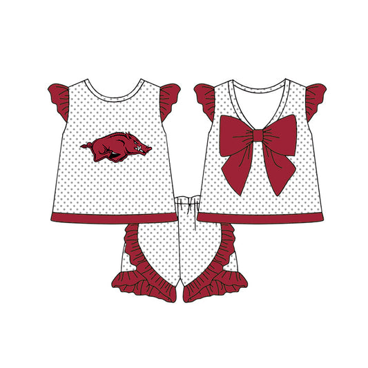 Preorder (moq 5)Baby Girls Arkansas Polka Dots Back Bow Tunic Ruffle Shorts Team Clothes Sets