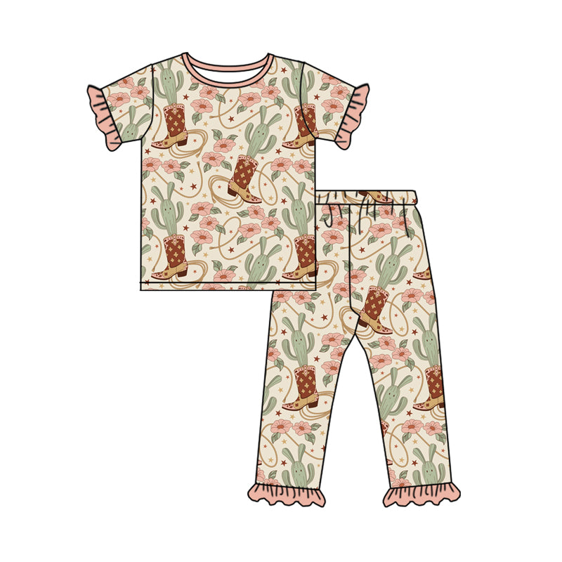 Baby Girls Western Boots Flowers Top Pants Pajamas Outfits Clothes Sets preorder(MOQ 5)