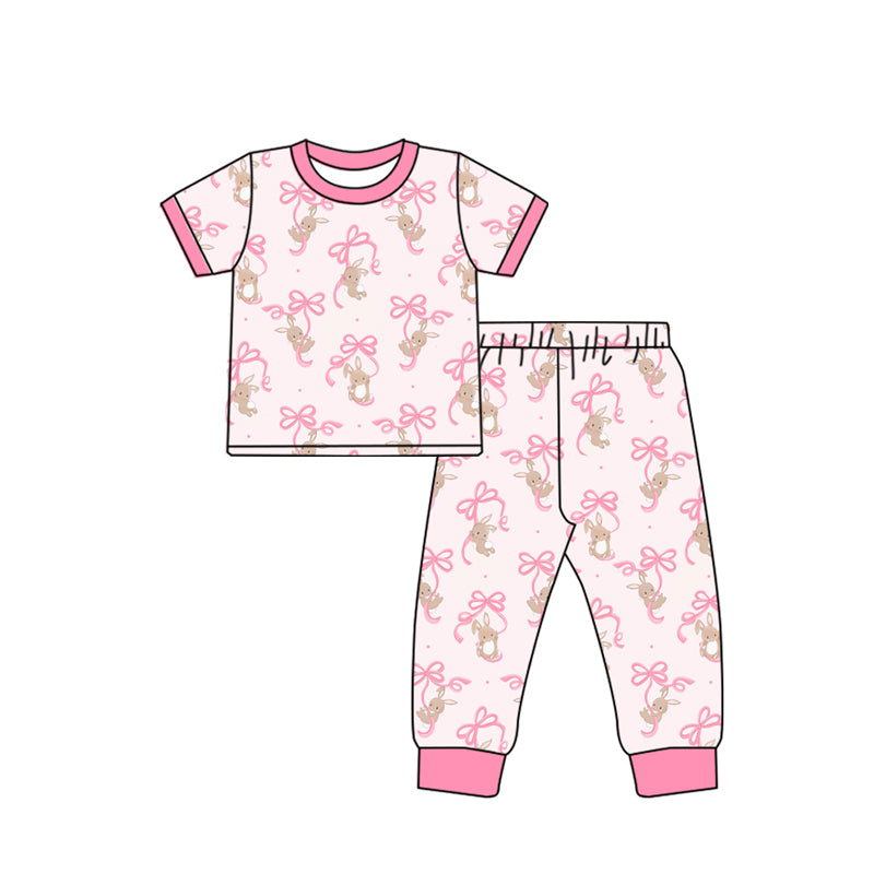 Preorder (moq 5)Baby Girls Easter Bows Rabbits Shirt Top Pants Pajamas Clothes Sets