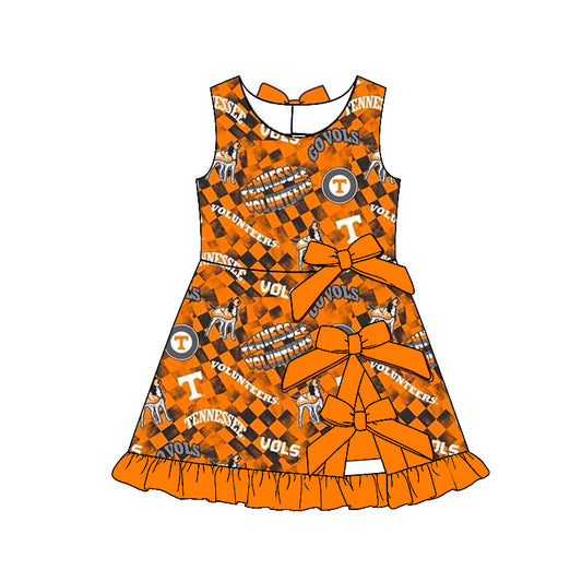 Preorder (moq 5)Baby Girls Checked Tennessee Dogs Team Short Scallop Knee Length Dress