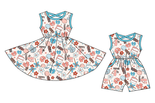 Preorder moq 5 Custom Baby Girls Blue Sleeveless Flowers Bows Knee Length Dress Pockets Jumpsuits