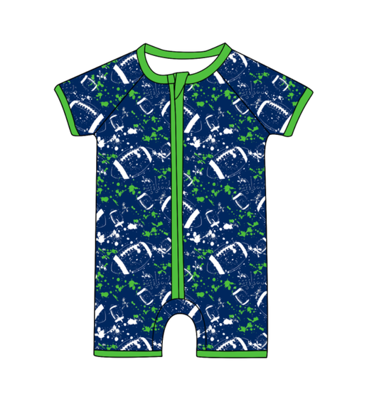 Preorder (moq 5)Baby Boys Short Sleeve Tie-dye Footballs Print Team Zip Rompers