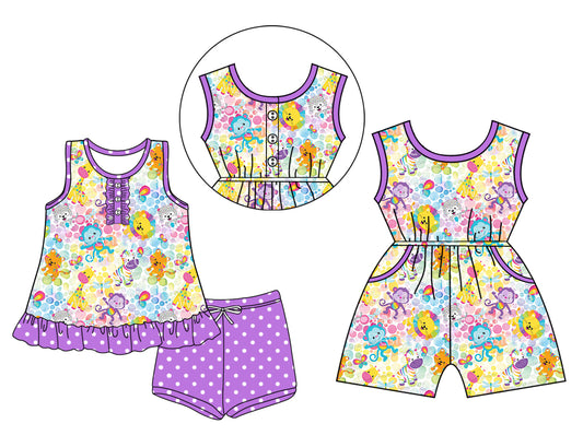 Preorder moq 5 Custom Baby Girls Cartoon Cats Button Tunic Purple Polka Dots Short Set Pockets Jumpsuits