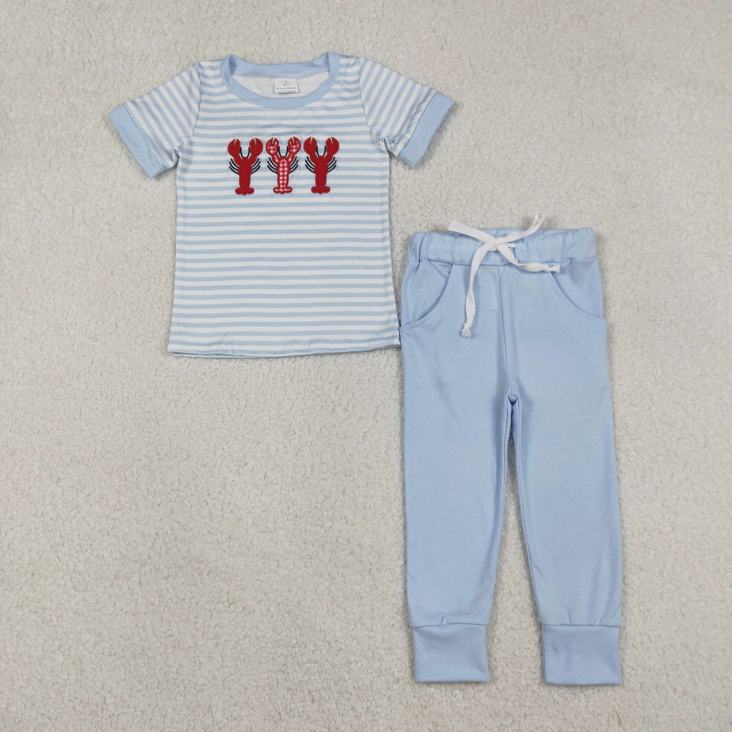 Sibling Baby Boys Embroidery Crayfishes Stripe Pockets Pants Clothes Set Footie Rompers