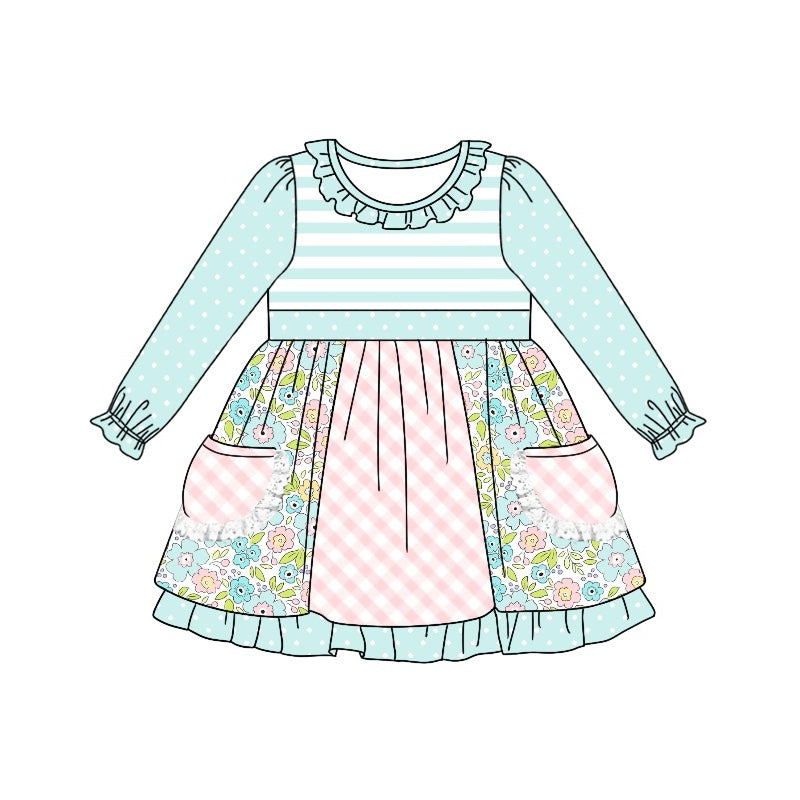 Baby Girls Green Stripes Flowers Pockets Knee Length Dresses preorder(MOQ 5)