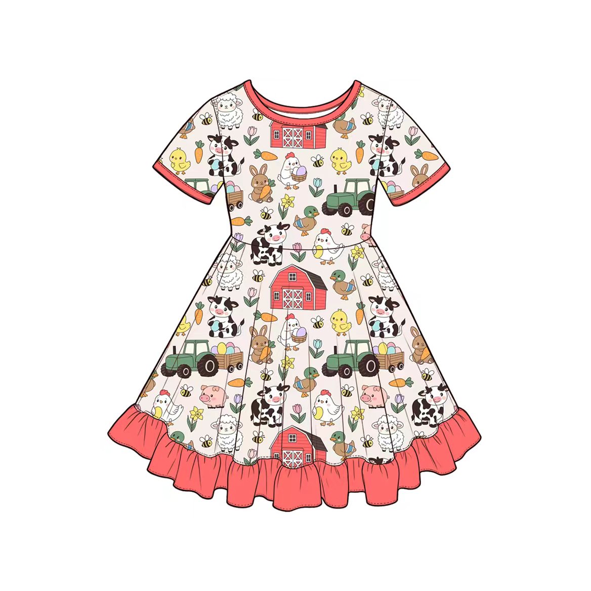 Preorder(moq5) Cute Easter Girls Short Sleeve Ruffled Hem A-Line Dress