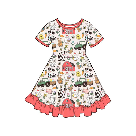 Preorder(moq5) Cute Easter Girls Short Sleeve Ruffled Hem A-Line Dress