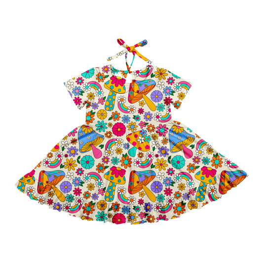 Preorder (moq 5)Baby Girls Colorful Marshroom Short Sleeves Knee Length Dresses
