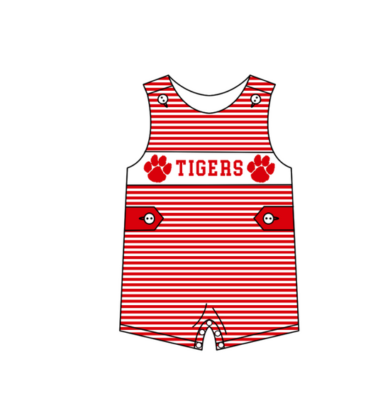 Preorder (moq 5)Baby Boys Sleeveless Red Stripe Tigers Team Rompers