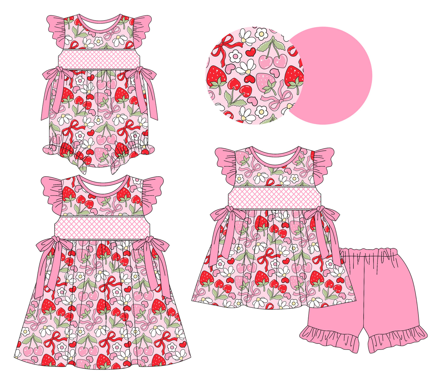 Preorder moq 5 Custom Baby Girls Strawberry Floral Tunic Ruffle Short Set Knee Length Dress And Rompers