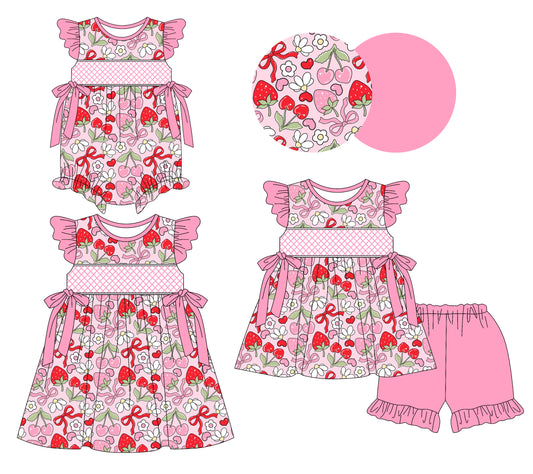 Preorder moq 5 Custom Baby Girls Strawberry Floral Tunic Ruffle Short Set Knee Length Dress And Rompers