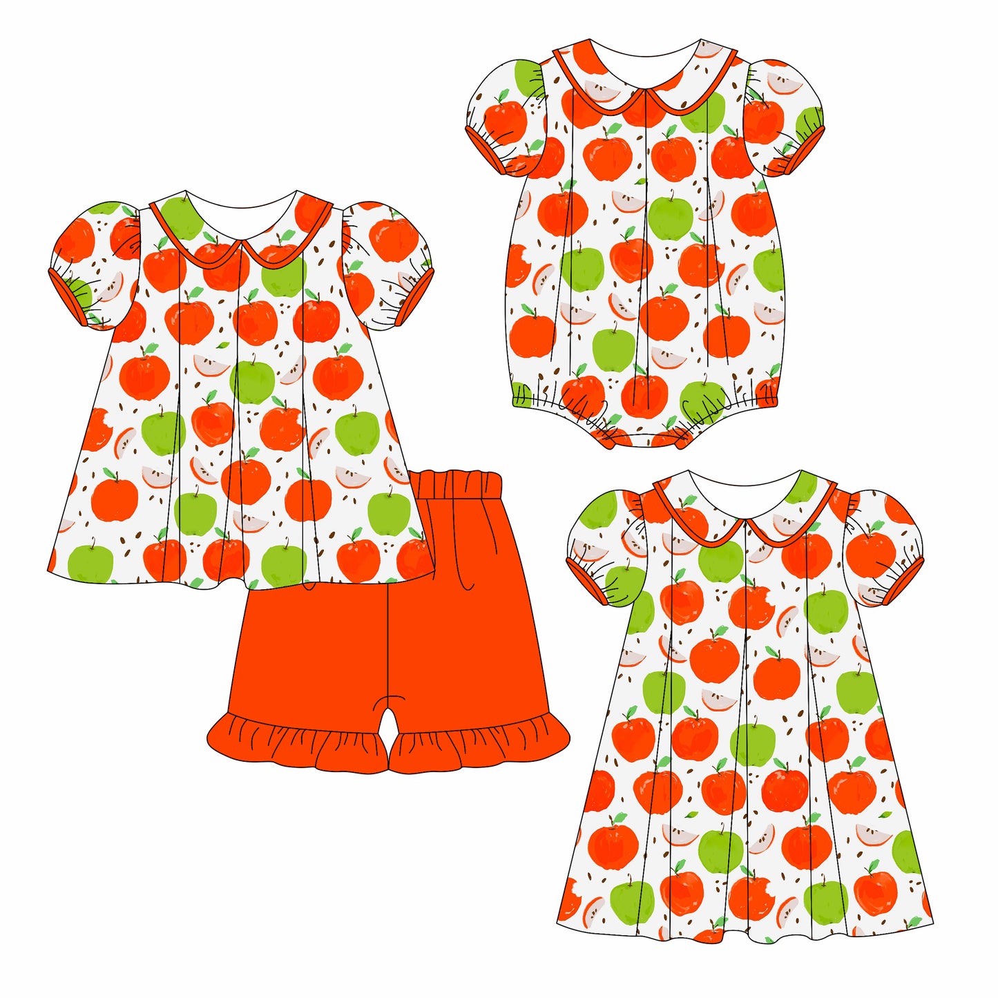Preorder moq 5 Custom Baby Girls Red Green Apples Tunic Ruffle Short Set Knee Length Dress And Rompers