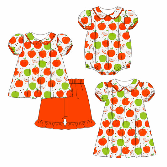 Preorder moq 5 Custom Baby Girls Red Green Apples Tunic Ruffle Short Set Knee Length Dress And Rompers