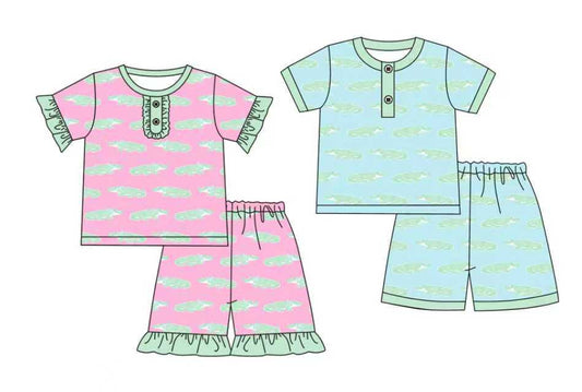 Preorder moq 5 (each item)Baby Boys Girls Crocodiles Plaid Button Top Shorts Hunting Pajamas Sets