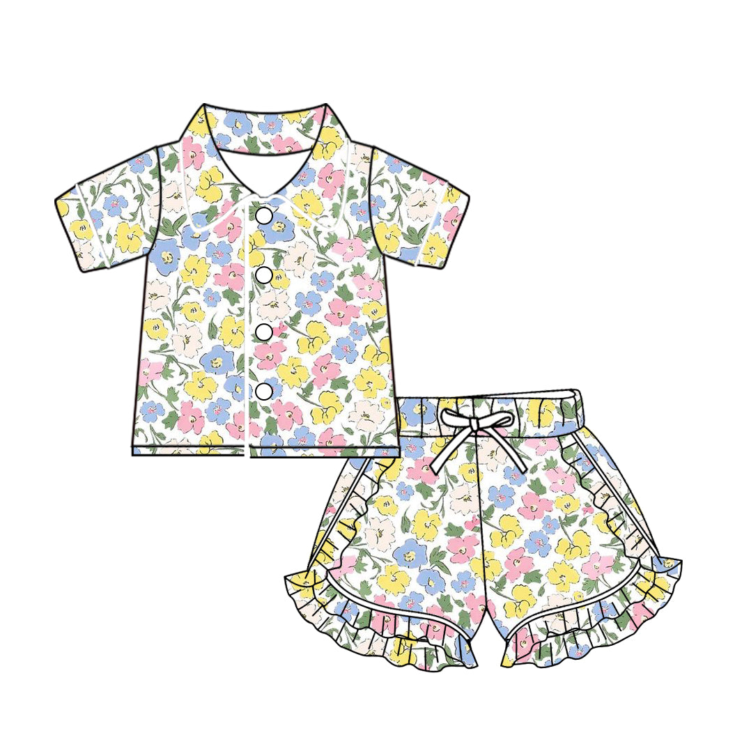 Baby Girls Blue Pink Flowers Buttons Top Ruffle Shorts Pajamas Sets preorder(MOQ 5)